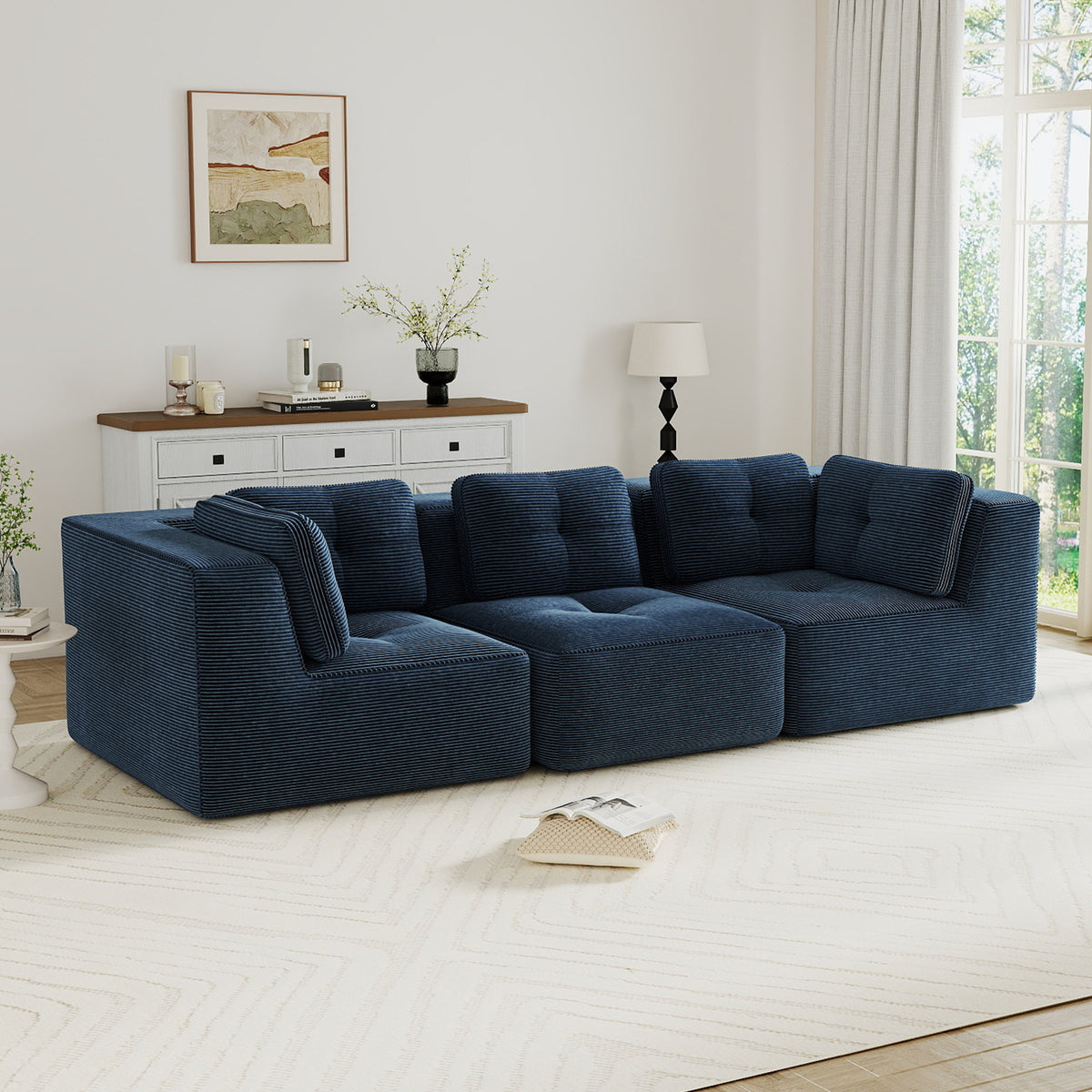 Modern Modular Sectional Sofa for Living Room, Corduroy Fabric, Oversized 3-Seaterwith Deep Seat , Pearl-like piping, Tufted Design, No Assembly, Anti-slip Design, Blue-W714S01801