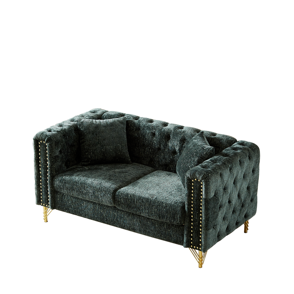 60-Inch Chenille Pull Buckle Design Sofa for Living Room,Buttons Tufted With Copper Nail Decoration Armrest, Modern Couch Upholstered Button And Metal Legs W834S00299-djyc