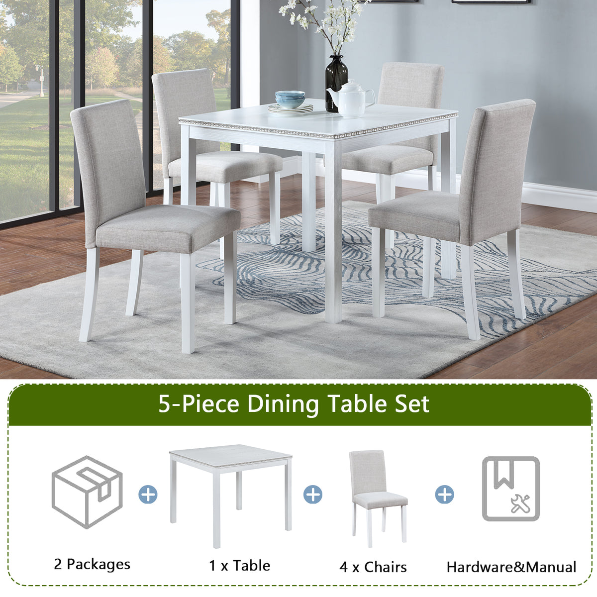 5 Piece Wooden Dining Table Set, Kitchen Table Set with a Square Table and 4 Upholstered Chairs, Wooden Dining Room Table with Crystal Decoration and Chairs Set for Kitchen, Dining Room, White W1998S00043-djyc