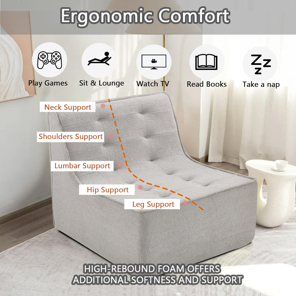 Fireside Chair, Lazy Floor Sofa Couch, Large Bean Bag Chair for Adults with High Resilience Foam for Living Room, Bedroom and Office, Velvet Fabric, Gray W1998P195215-djyc