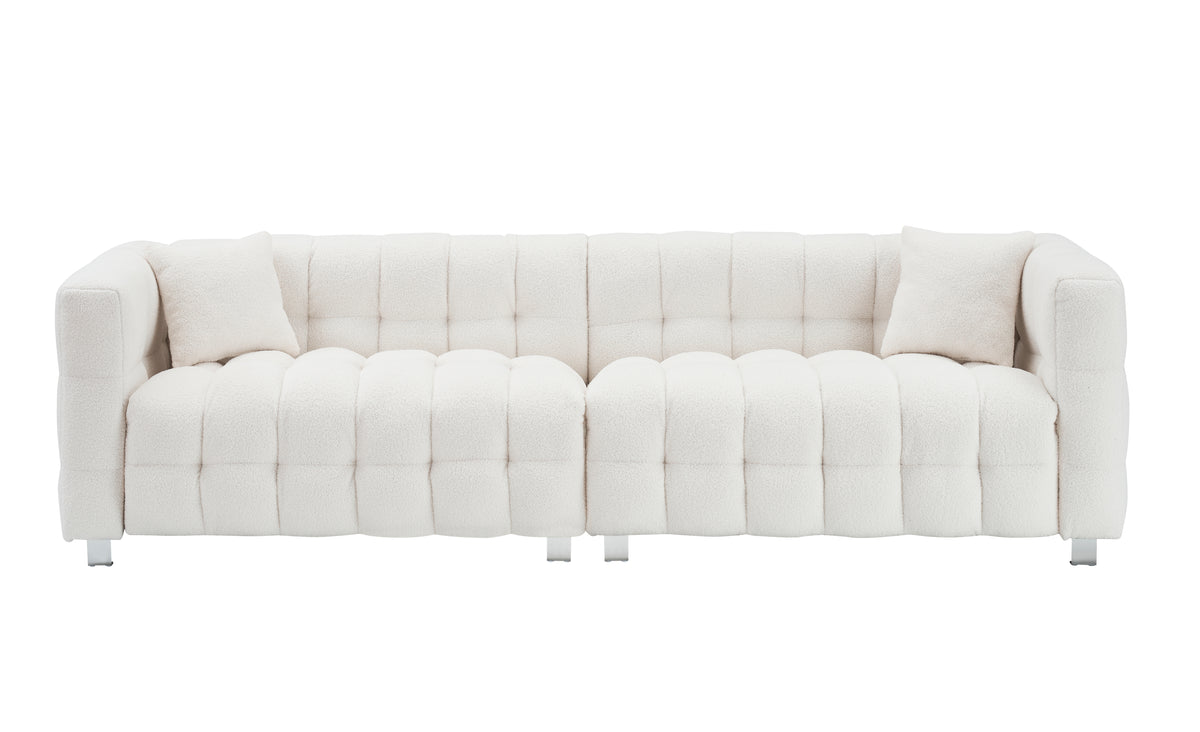 Spacious 102-Inch Beige Teddy Fleece Sofa for Living Room, Bedroom, or Apartment - Comes with Two Comfy Throw Pillows & Supported by Sturdy Hardware Feet W1278S00021-djyc