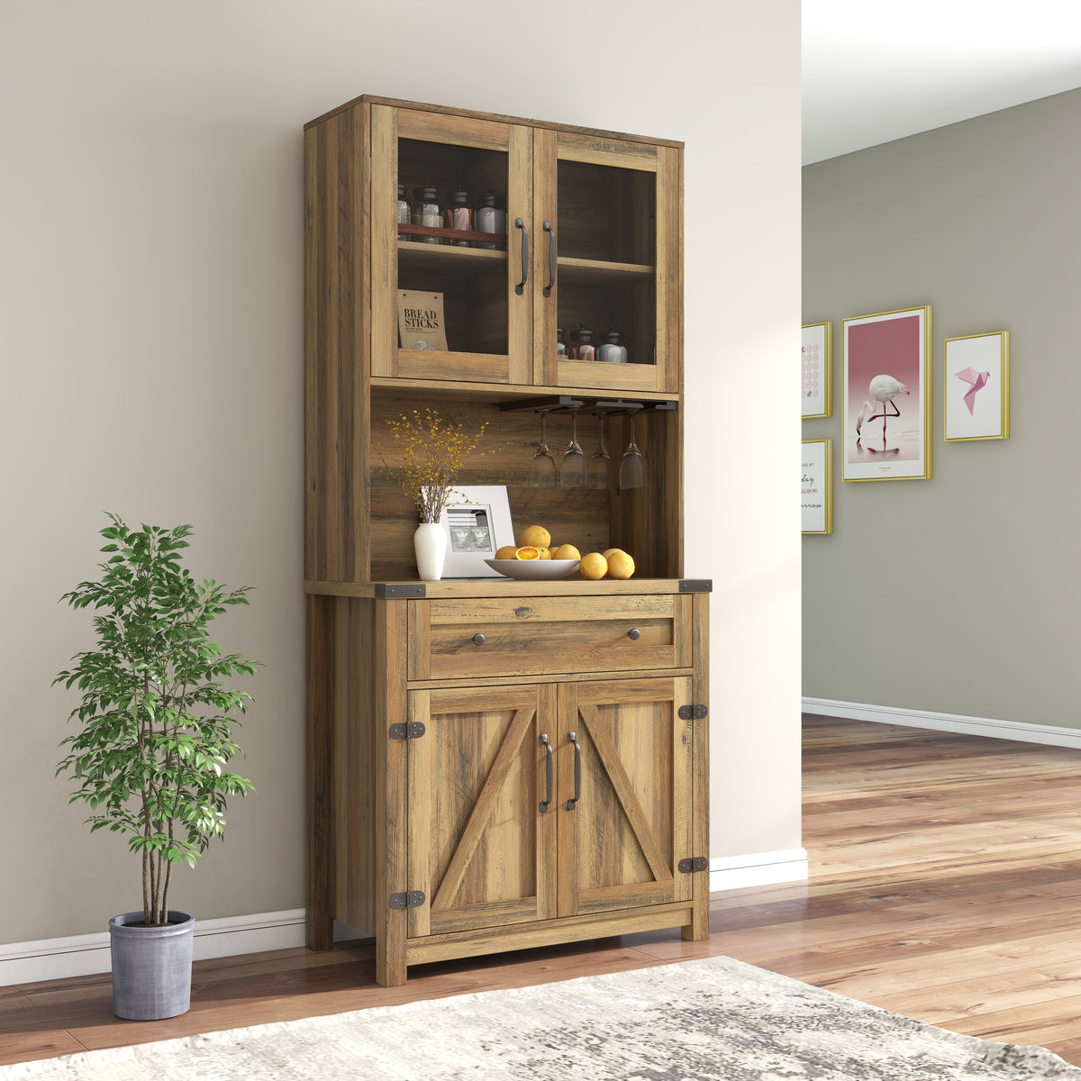Modern Farmhouse Double Barn Door Accent Bar Cabinet with Goblet Holder, Yellow Walnut W881S00005-djyc