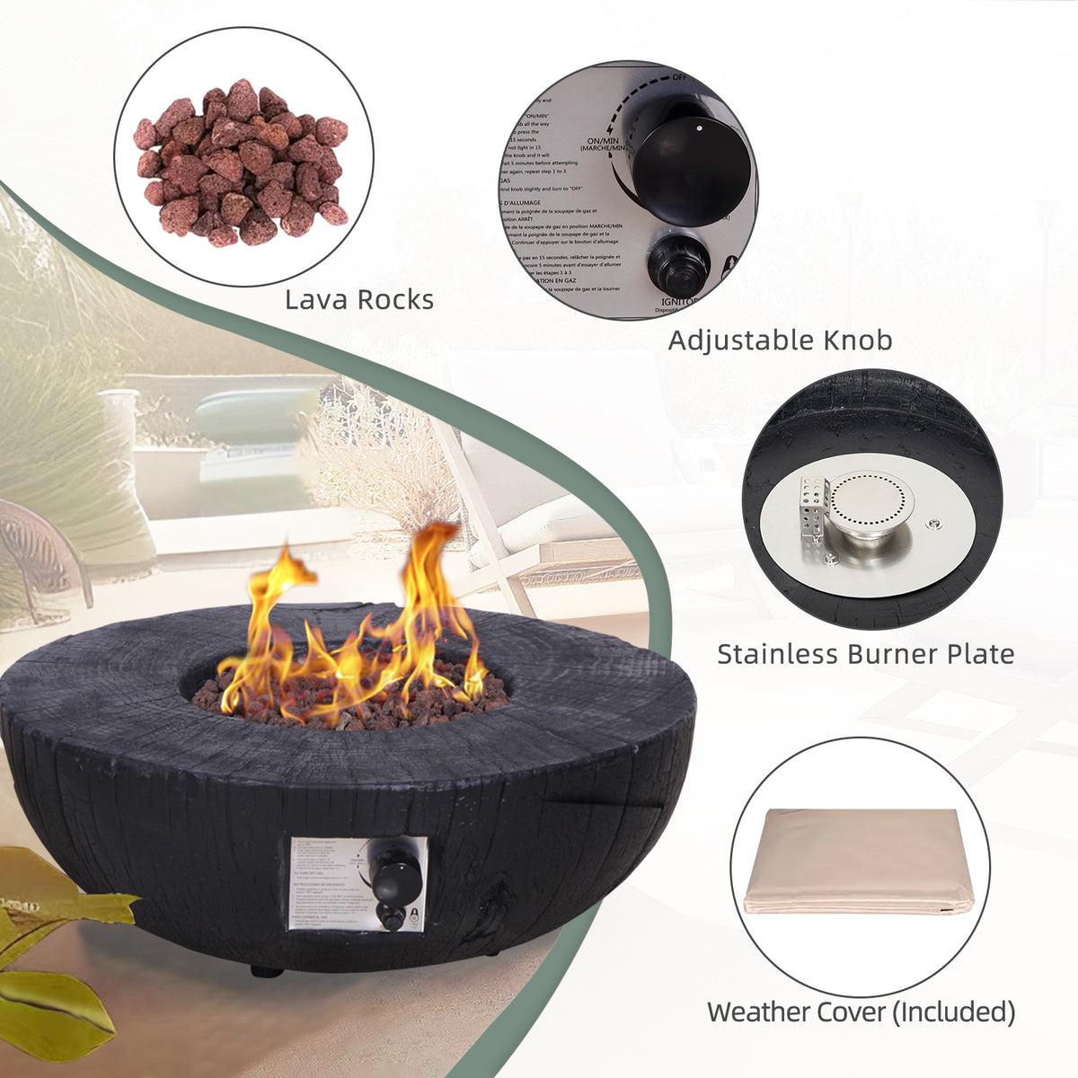 30,000 BTU Faux Woodgrain Round Propane Gas Fire pit With Weather cover, Lava Rocks For Outdoor W2029120078-djyc