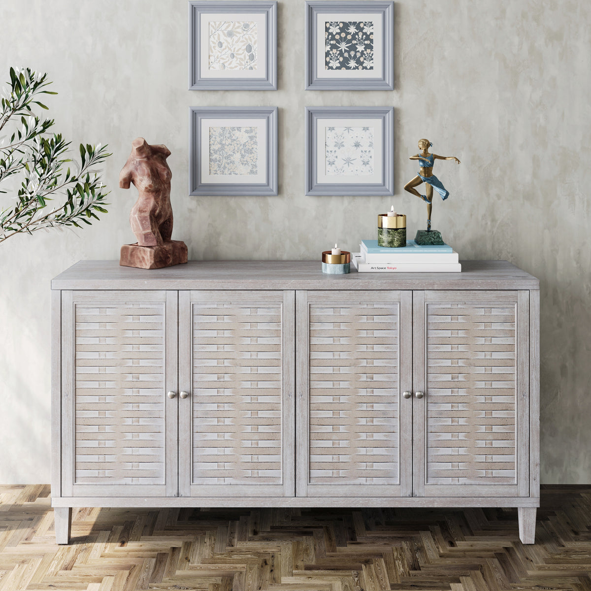 Accent Cabinet 4 Door Wooden Cabinet Sideboard Buffet Server Cabinet Storage Cabinet, for Living Room, Entryway, Hallway, Office, Kitchen and Dining Room, Natural Wood Wash W1435P153087-djyc