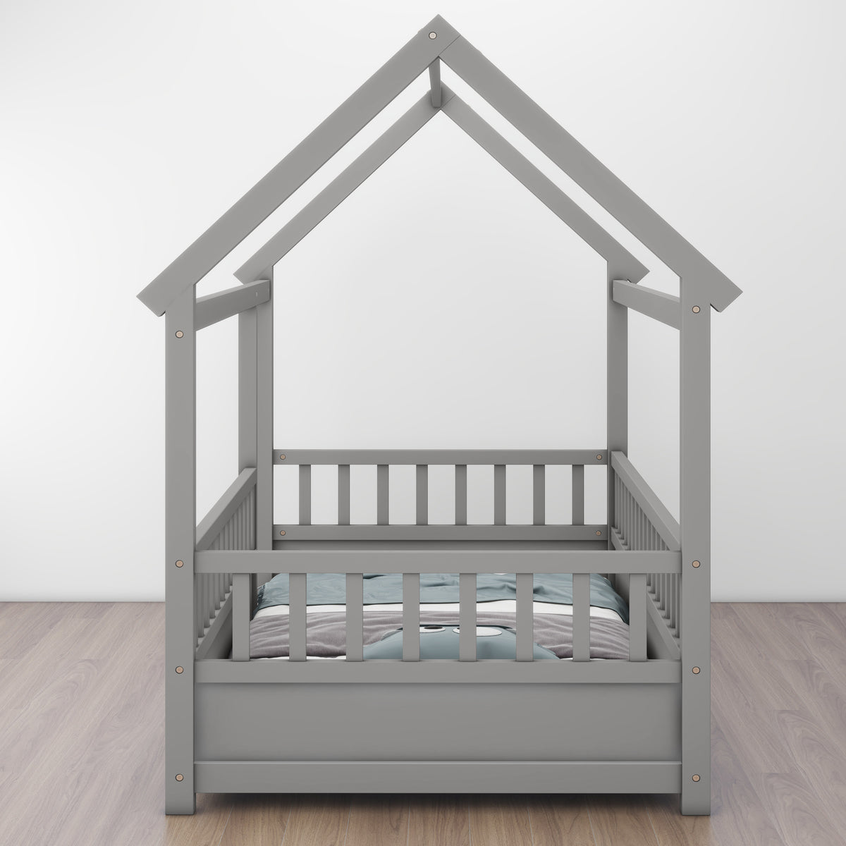 Twin Size Floor Wooden Bed with House Roof Frame, Fence Guardrails,Grey W1858123985-djyc