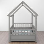 Twin Size Floor Wooden Bed with House Roof Frame, Fence Guardrails,Grey W1858123985-djyc