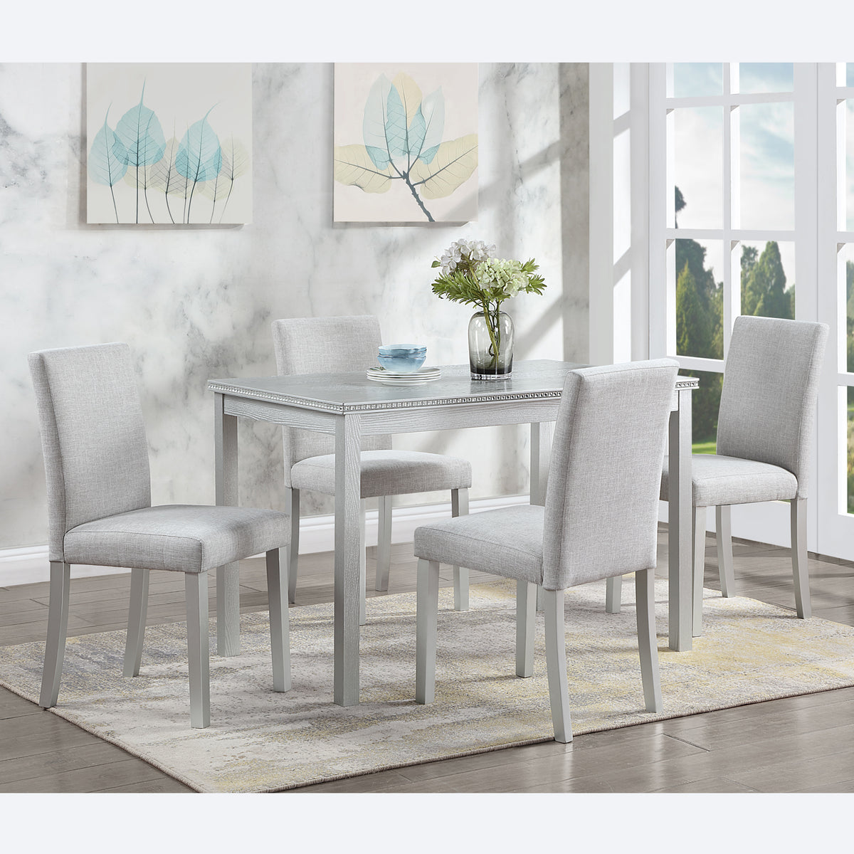 5 Piece Wooden Dining Table Set, Kitchen Table Set with a Rectangular Table and 4 Upholstered Chairs, Wooden Dining Room Table with Crystal Decoration and Chairs Set, Silver grey W1998S00048-djyc