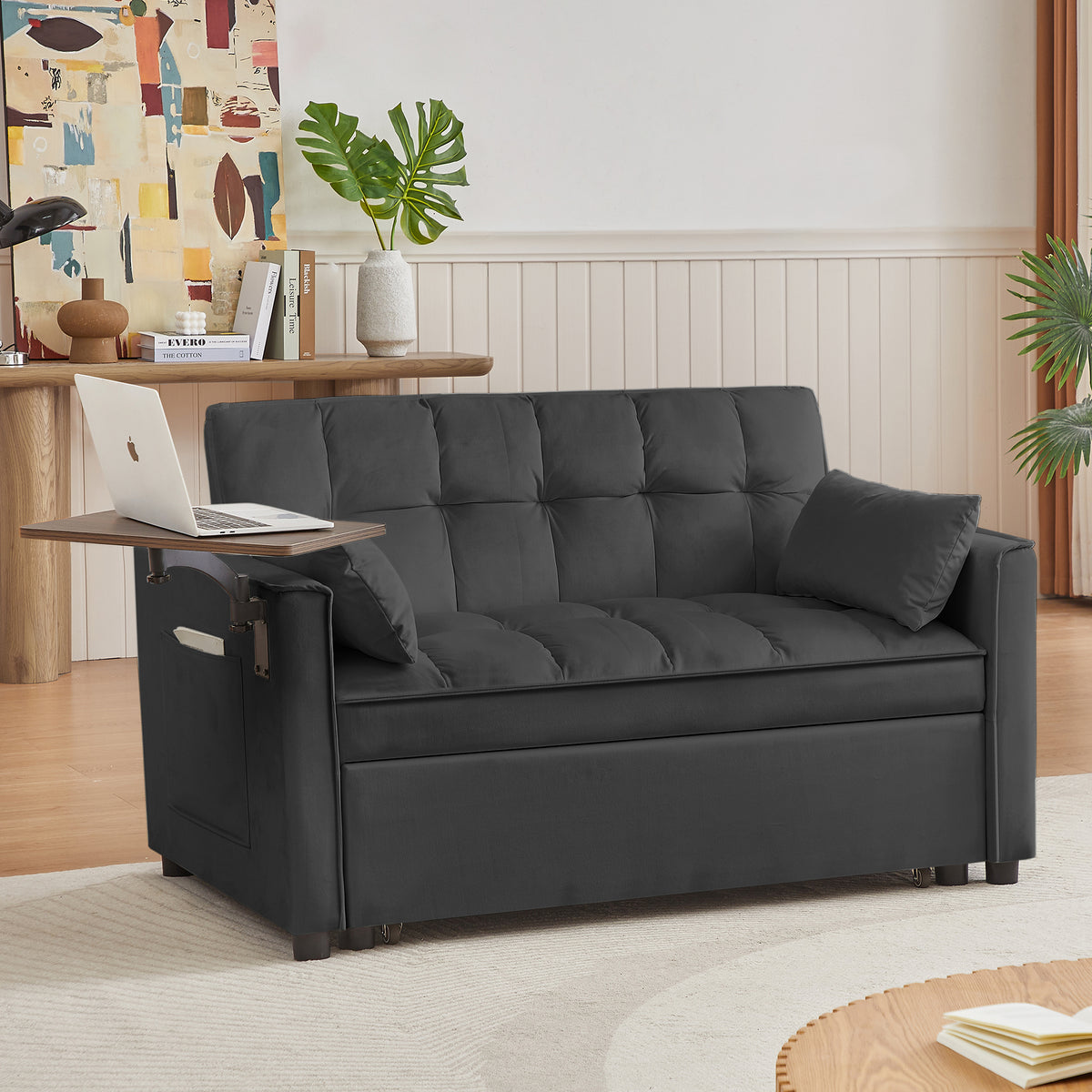 Chic Velvet Convertible Sofa Bed: Adjustable Comfort & Easy Assembly for Any Space W588P190563-djyc