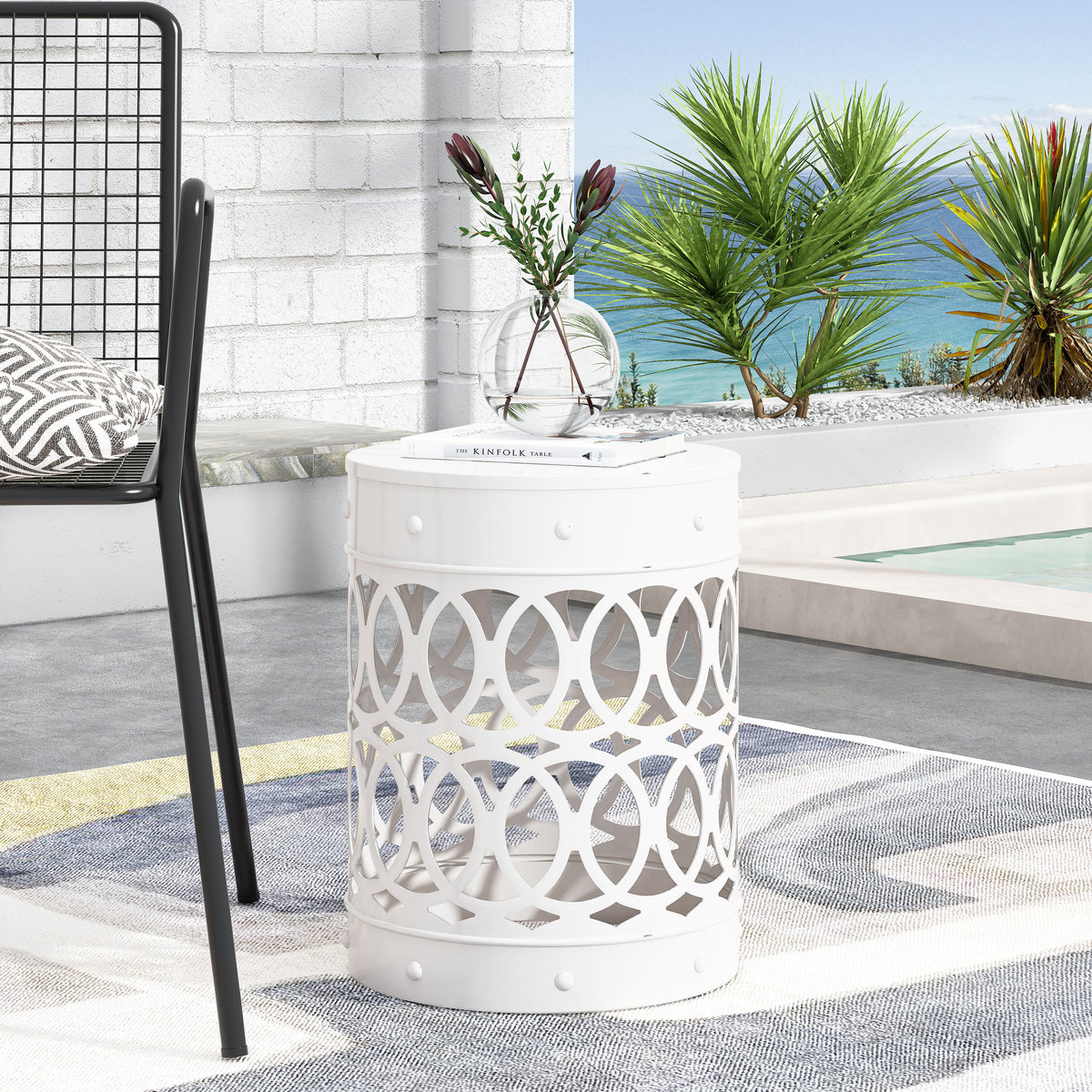 Modern Cylindrical Iron-Cut Side Table – Stylish, Durable, No Assembly -Large 73607.00WHI-djyc