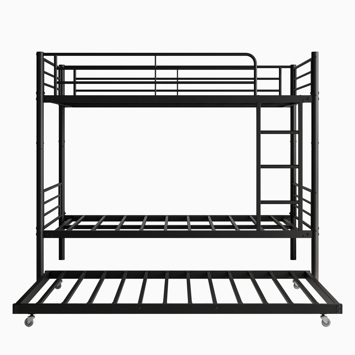 Twin Bunk Bed with Trundle Metal Bunkbeds with Ladder and Full-Length Guardrail, Noise Free, No Box Spring Needed, Black W840P196829-djyc