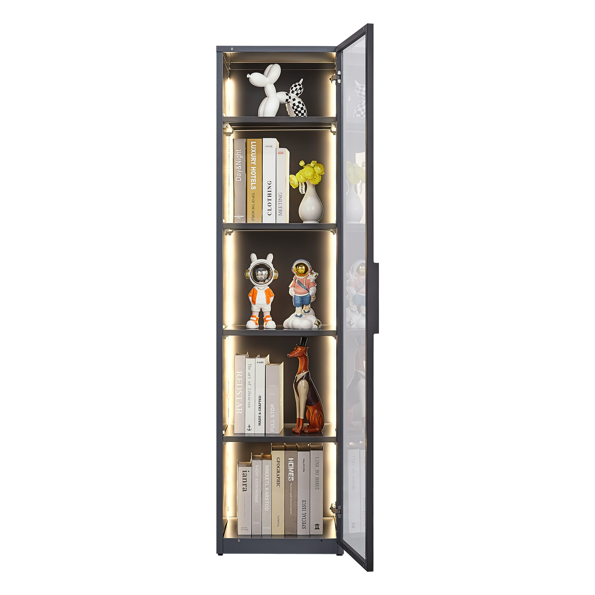 Single Glass Door Metal Storage Cabinet for Storing Photo Frames, Models, Handicrafts Display Cabinets with Removable Dividers and LED Light Strips, Suitable for Living Room, Study, and other places. W2385P152326-djyc