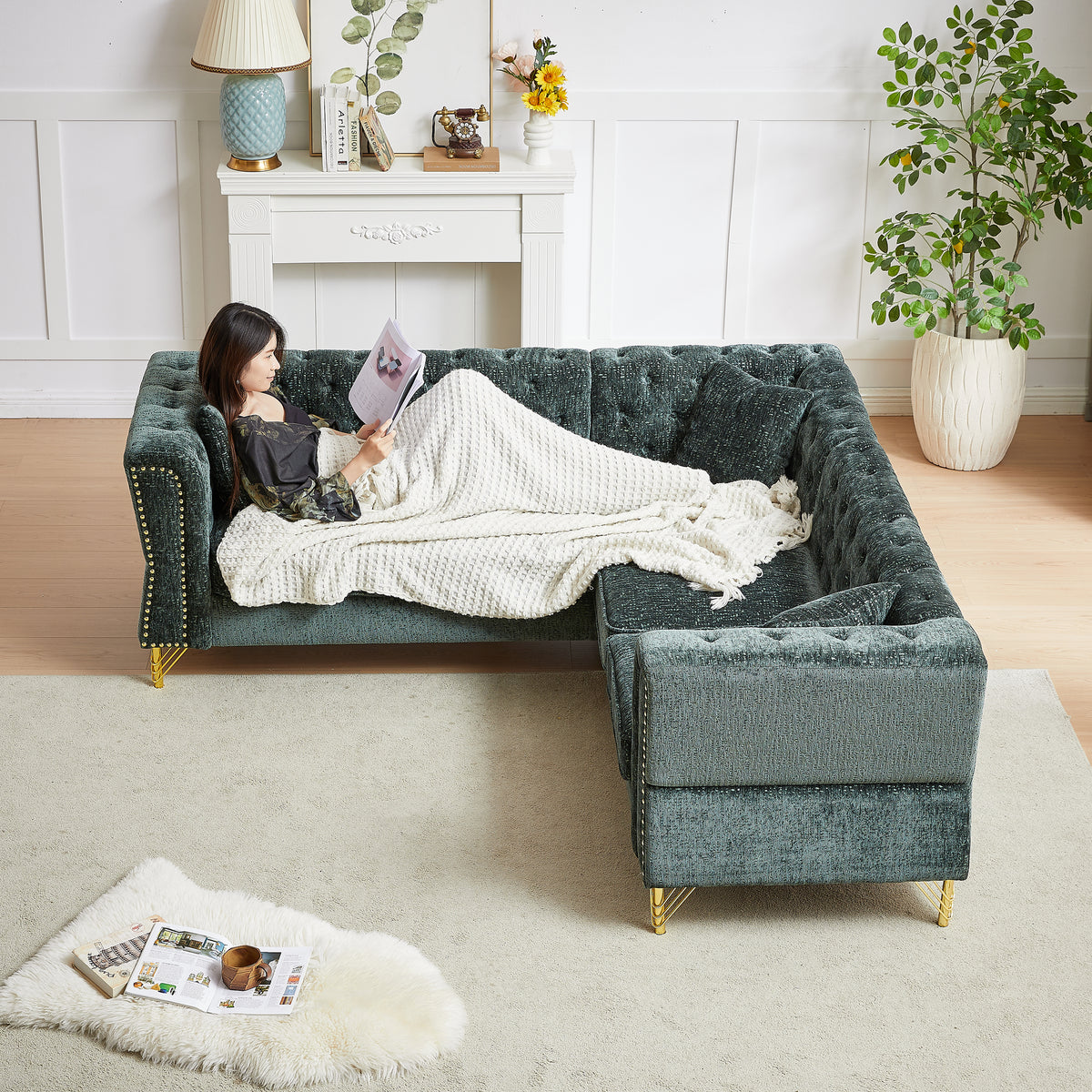 81.5-Inch Chenille Corner Sofa , L-Shaped Sectional Couch, 5-Seater Corner Sofas with 3 Cushions for Living Room, Bedroom, Apartment, Office W834S00264-djyc