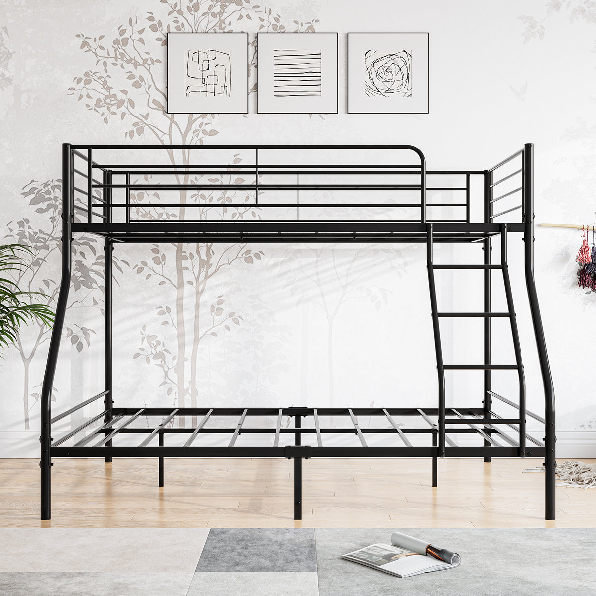 Heavy Duty Twin-Over-Full Metal Bunk Bed, Easy Assembly with Enhanced Upper-Level Guardrail, Black W84056876-djyc