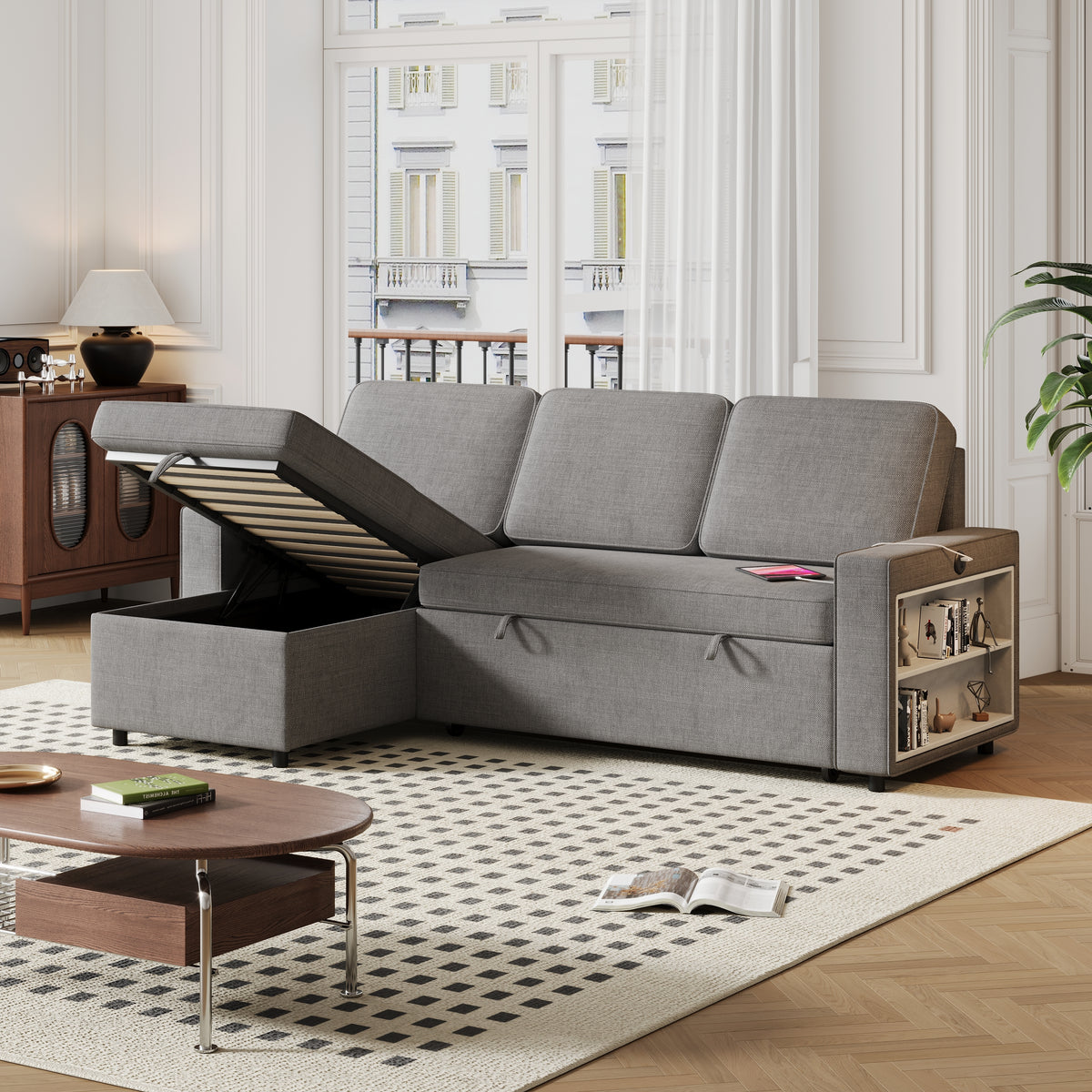 85.8" Pull Out Sleeper Sofa L-Shaped Couch Convertible Sofa Bed with Storage Chaise And Storage Racks,With USB Port And T-pyce Port W834S00268-djyc