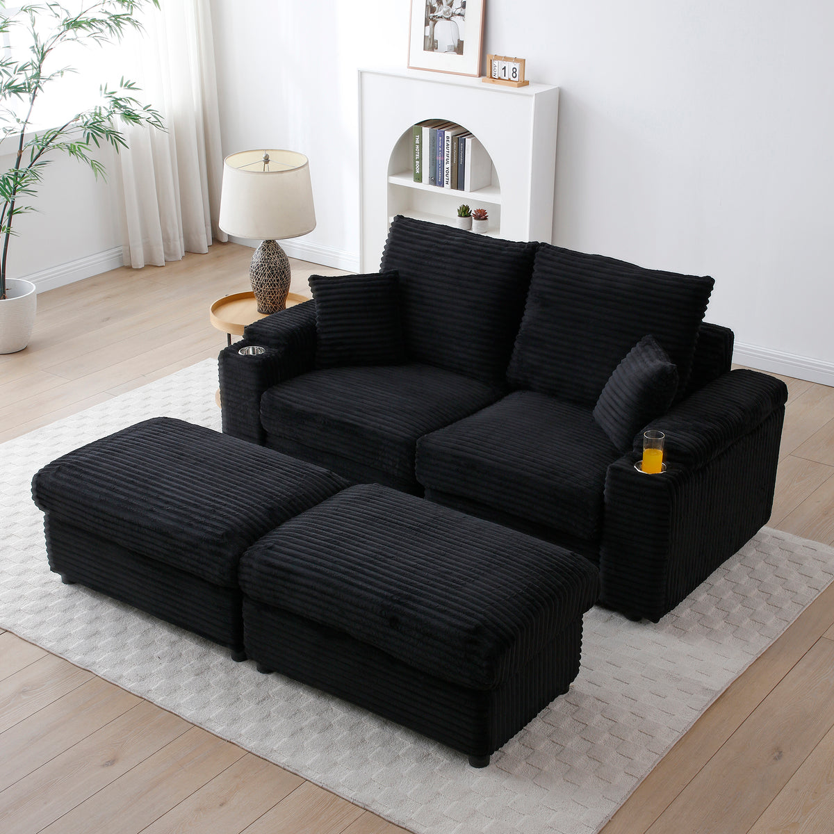 Loveseat with Ottomans,Corduroy Fabric Modular Sectional Sofa,Comfy Deep Plush Couch with Ottomans and Two Pillows,for Small Spaces, Living Room,Bedroom, Office, 5 Colors,Black W1117S00086-djyc
