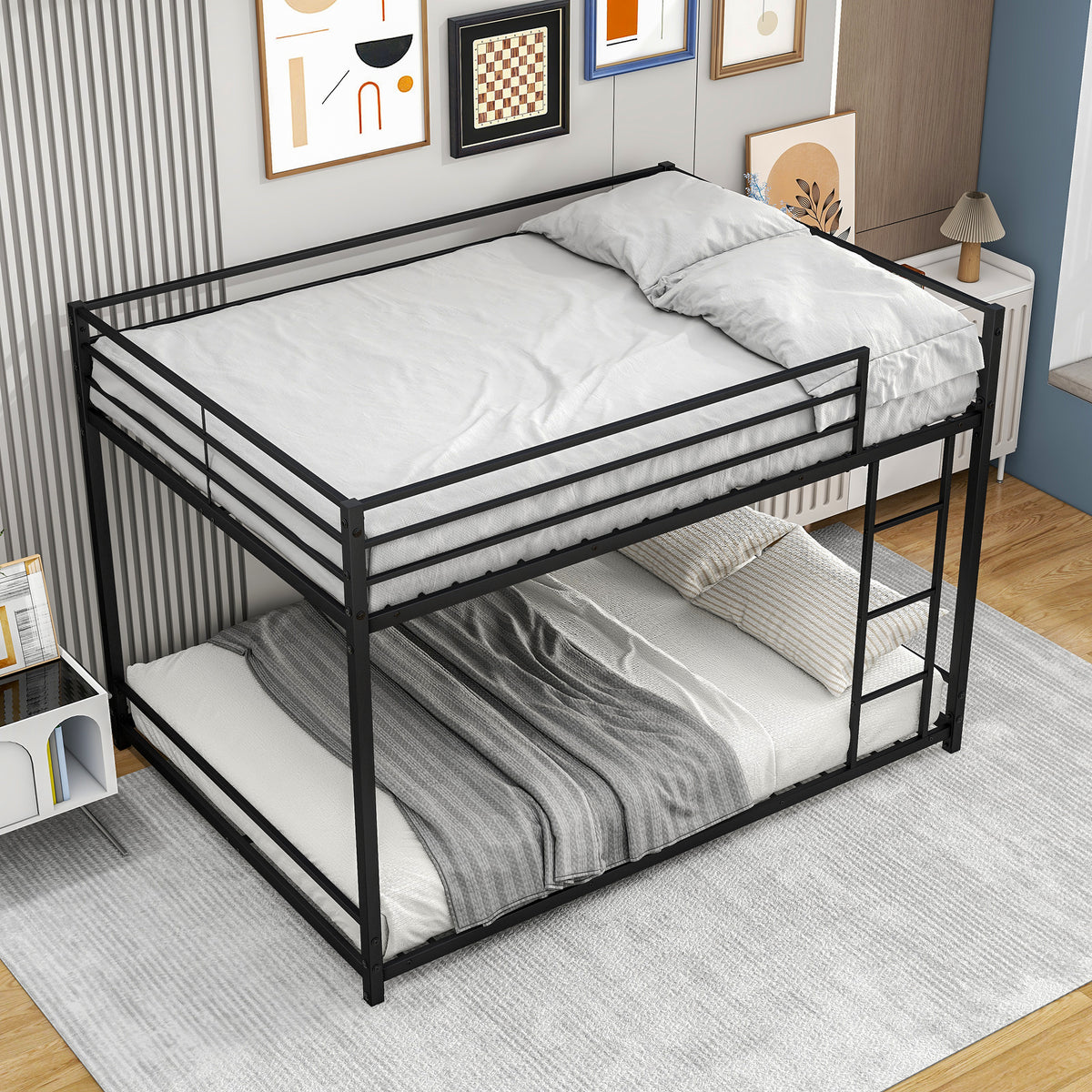Metal Bunk Bed Full Over Full, Bunk Bed Frame with Safety Guard Rails, Heavy Duty Space-Saving Design, Easy Assembly Black W84063611-djyc
