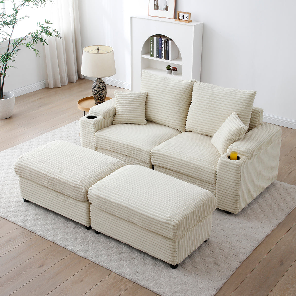 Loveseat with Ottomans,Corduroy Fabric Modular Sectional Sofa,Comfy Deep Plush Couch with Ottomans and Two Pillows,for Small Spaces, Living Room,Bedroom, Office, 5 Colors,Cream W1117S00084-djyc