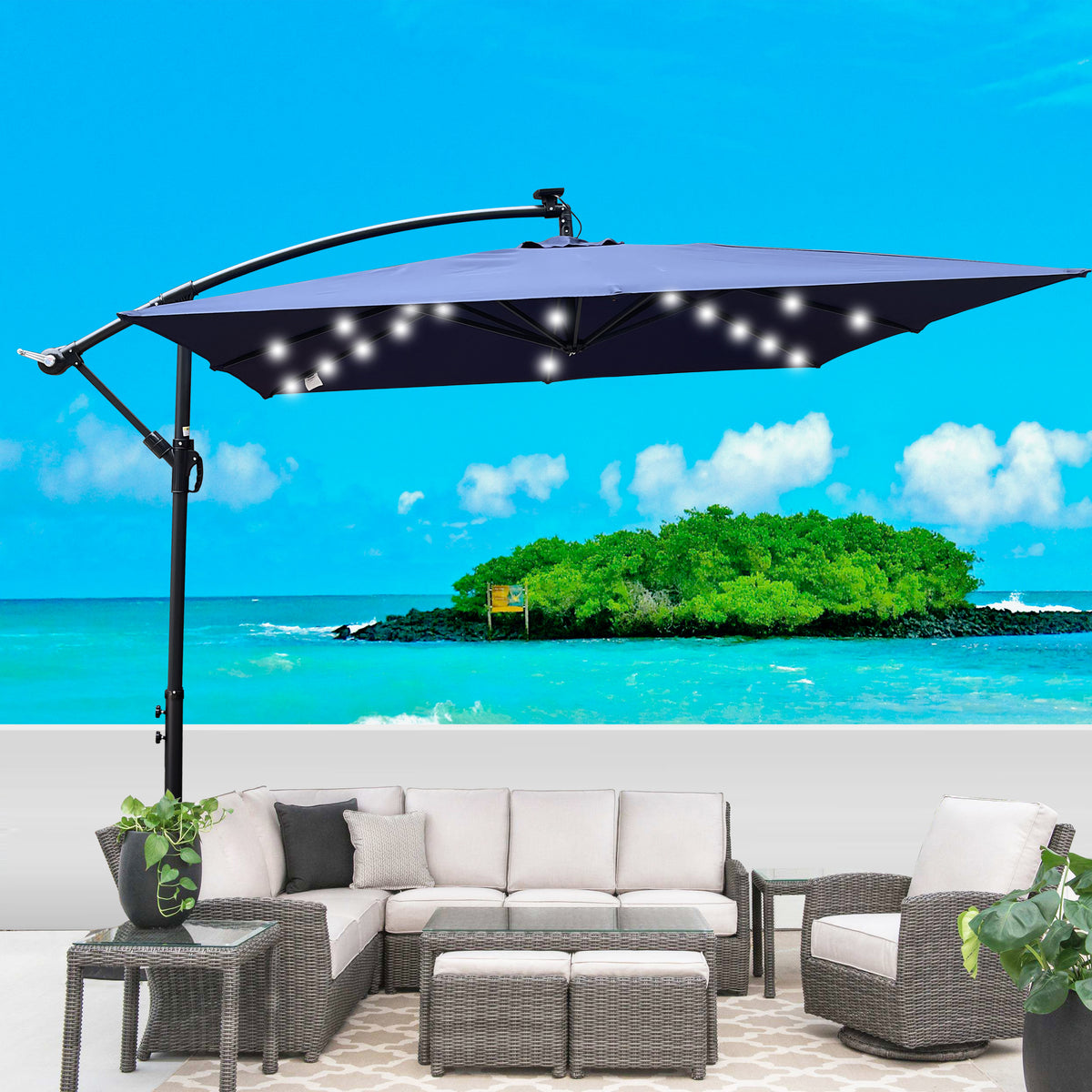 Square 2.5X2.5M Outdoor Patio Umbrella Solar Powered LED Lighted Sun Shade Market Waterproof 8 Ribs Umbrella with Crank and Cross Base for Garden Deck Backyard Pool Shade Outside Deck Swimming Pool W656127037-djyc