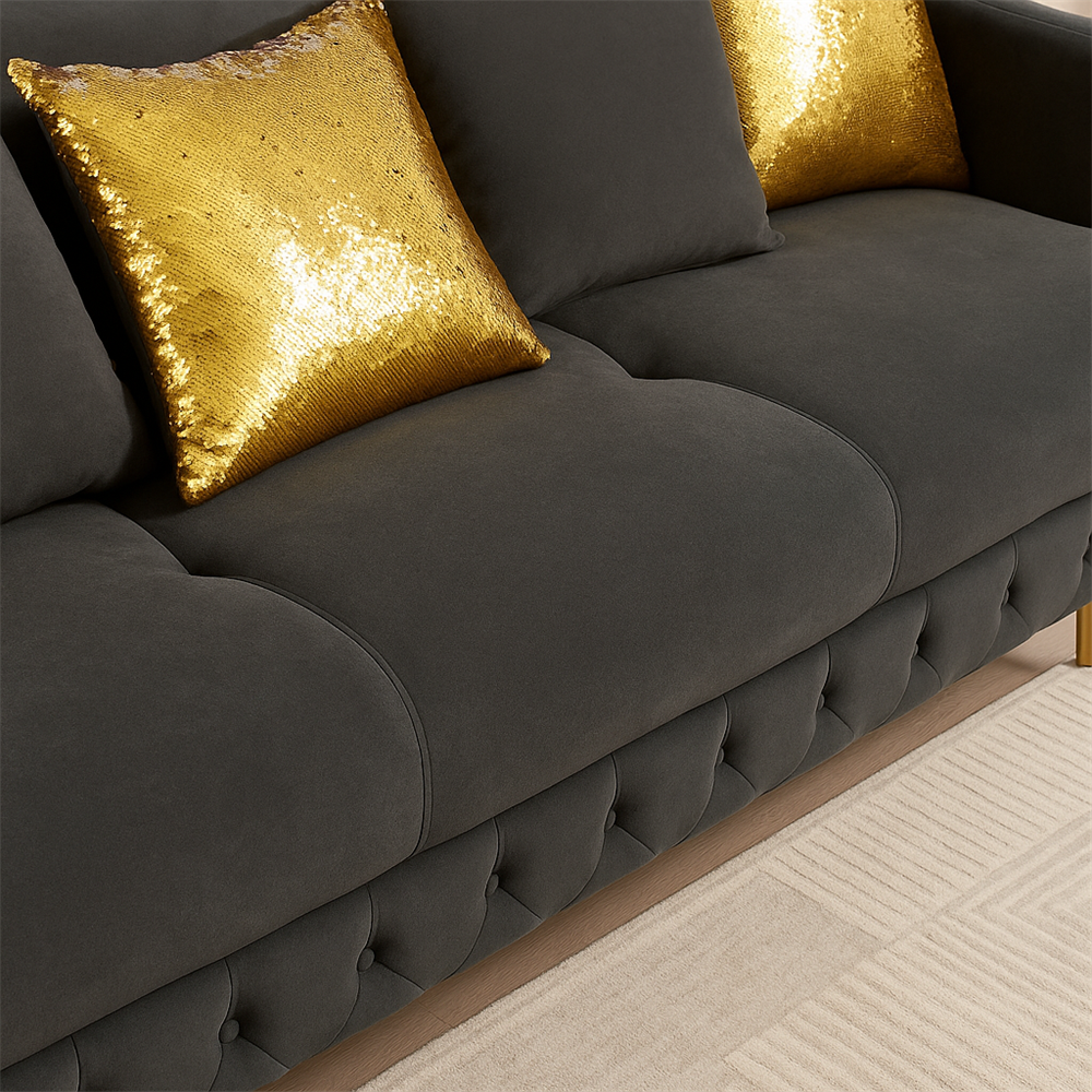 Lippa 3pc Upholstered Sofa, Loveseat and Chair Set in Black Fabric with Gold Stainless Steel Legs, Foam Cushioning and Sturdy Wood Frame-B009S02236 - 细节图