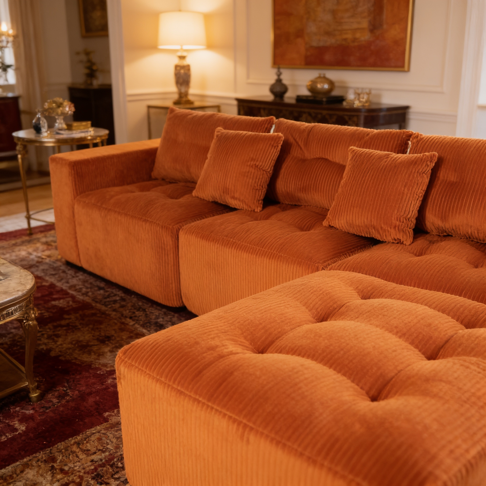 101' L-Shaped Modular Compression Sofa, 3-Seater Comfortable Cloud Sofa, Corduroy Fabric, with Movable Footrest, Free DIY Combination, Suitable for Living Room, Bedroom, Apartment (Orange)-W1170S00054 - 细节图