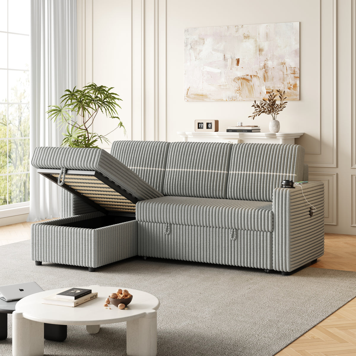 85 Inches Corduroy Sofa Bed, 3 Seater Sleeper Sofa with Storage Chaise, Square Handrail With Two Cup-holder And USB Charge Port, Pull Out Couch for Living Room W834S00269-djyc