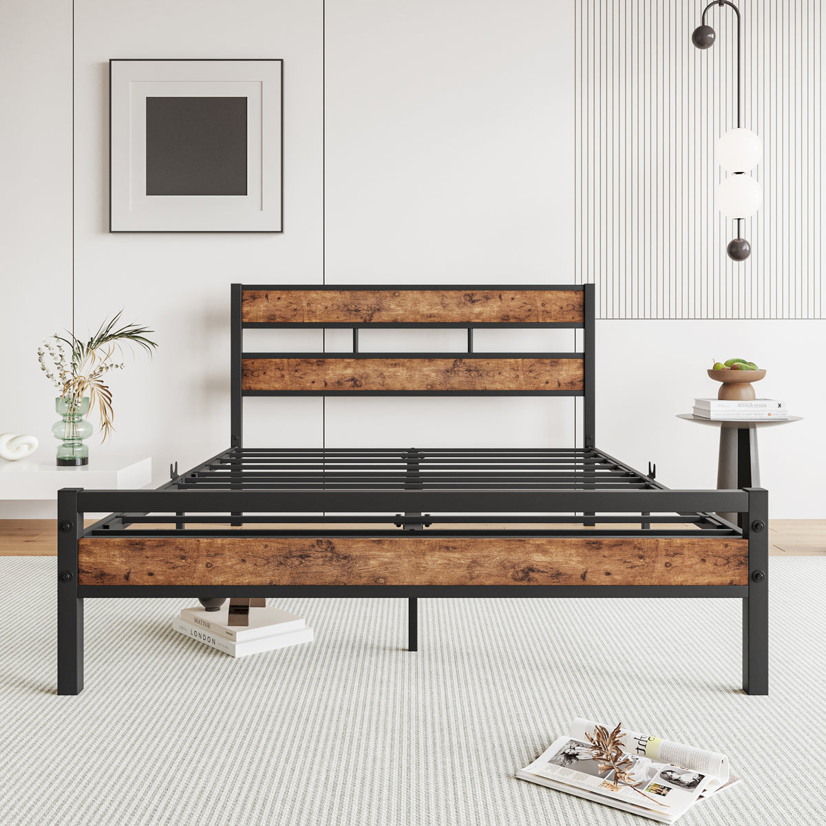 Full Size Platform Bed Frame with Rustic Vintage Wood Headboard, Strong Metal Slats Support, No Box Spring Needed W840P144083-djyc
