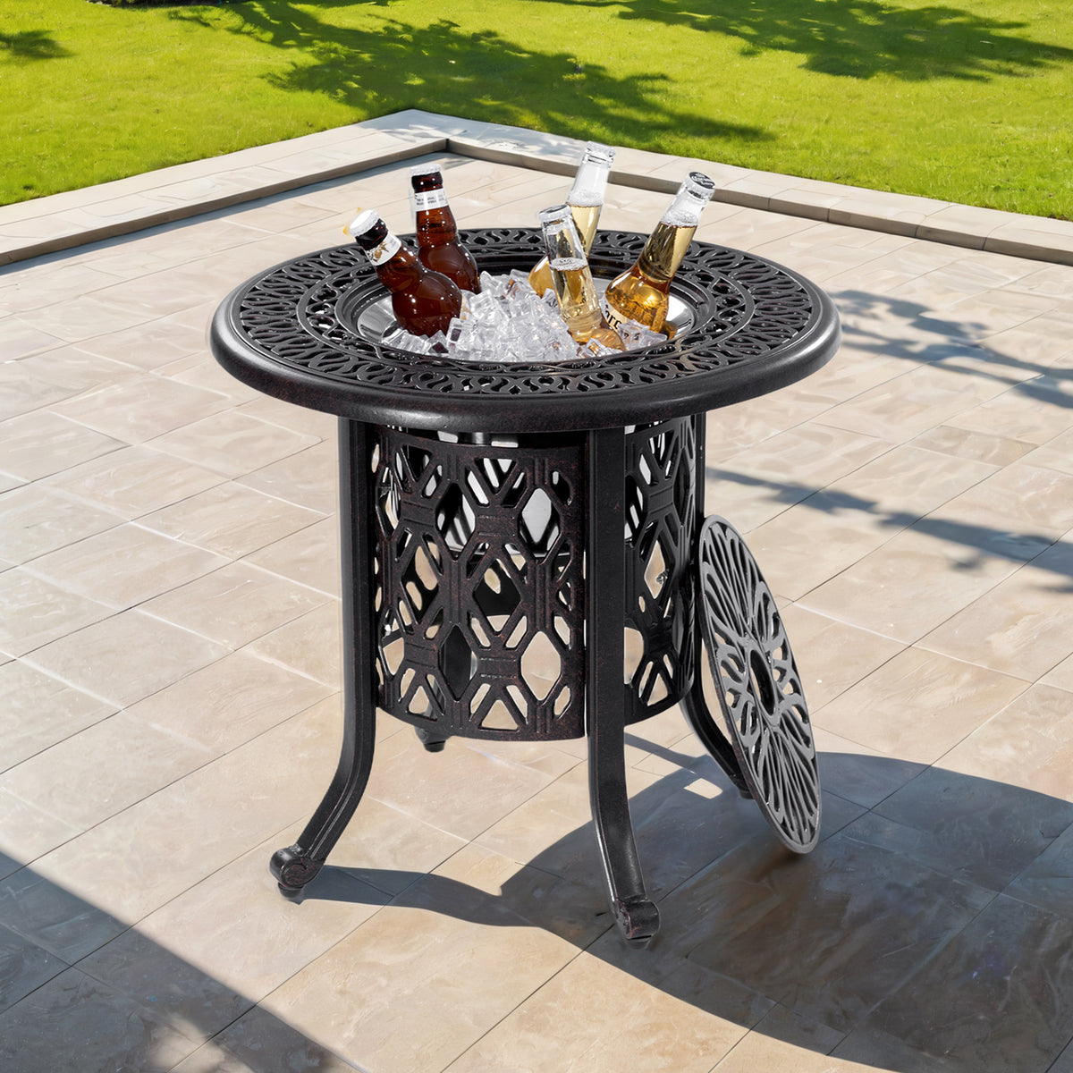 21'Side Table With Removable Ice Bucket- Rustproof Cast Aluminum Frame, Hand-Brushed Finish, Food-Grade 304 Stainless Steel Bucket - Perfect for Indoor & Outdoor, Patio, Balcony, and Poolside W1886S00001-djyc