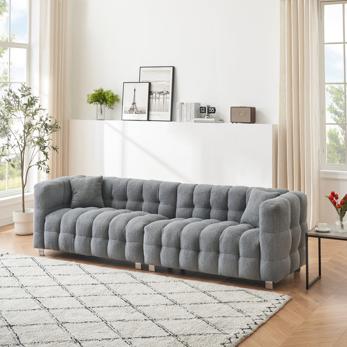 Elegant 102-Inch Gray Teddy Velvet Sofa for Living Room, Bedroom, or Apartment - Comes with Two Throw Pillows and Sturdy Hardware Feet for Enhanced Support W1278S00022-djyc