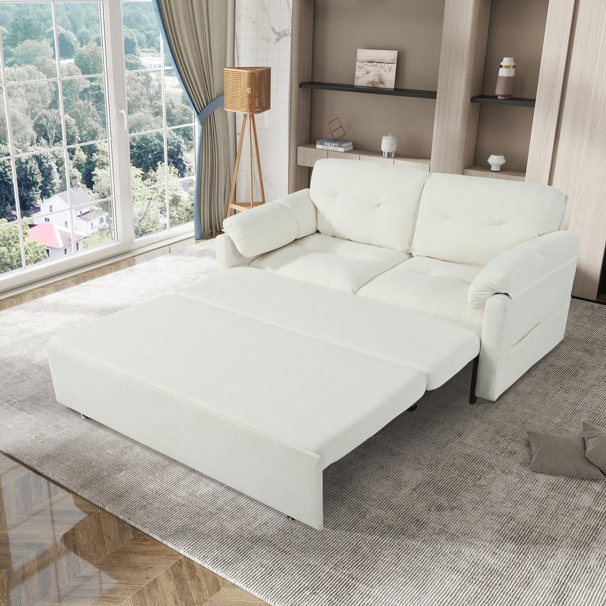 Convertible Pull Out Sofa Bed Queen Size, 3-in-1 Convertible Sleeper Couch with Thicked Cushions and Side Storage,Multi-Functional chenille Loveseat Sofa for Living Room,Bedroom,Apartment,Office,Beige W3163P269692-djyc