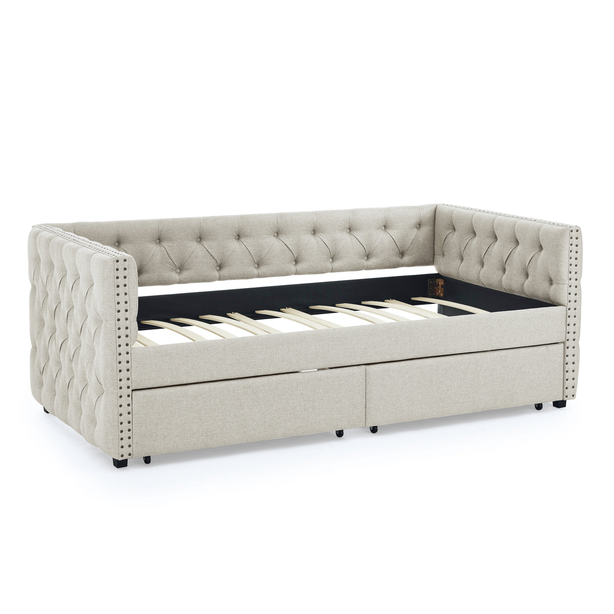 Upholstered Twin Size Daybed with Two Drawers, with Button and Copper Nail on Square Arms, Beige (82.75''x43''x30.75'') W487S00217-djyc
