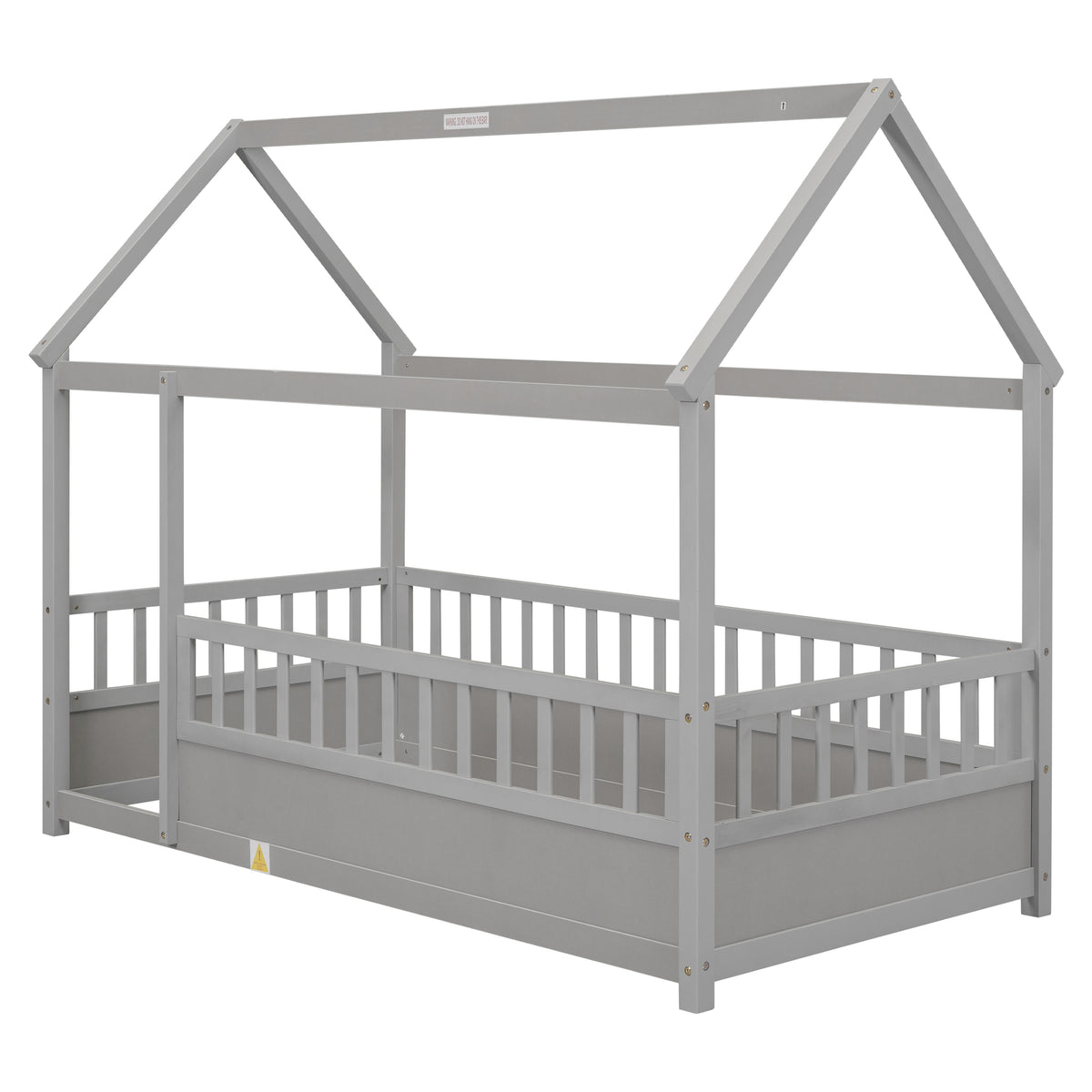 Twin Size Floor Wooden Bed with House Roof Frame, Fence Guardrails,Grey W1858123985-djyc