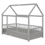 Twin Size Floor Wooden Bed with House Roof Frame, Fence Guardrails,Grey W1858123985-djyc