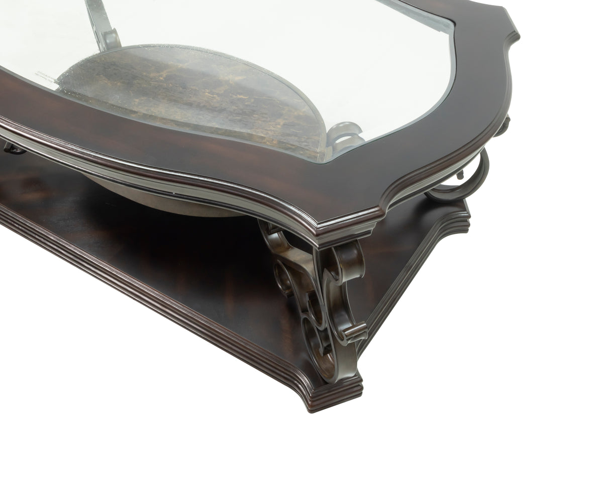 Cocktail Table, Glass table top, MDF W/marble paper middle shelf, powder coat finish metal legs. (52"Lx32"Wx20.3"H) W48720760-djyc