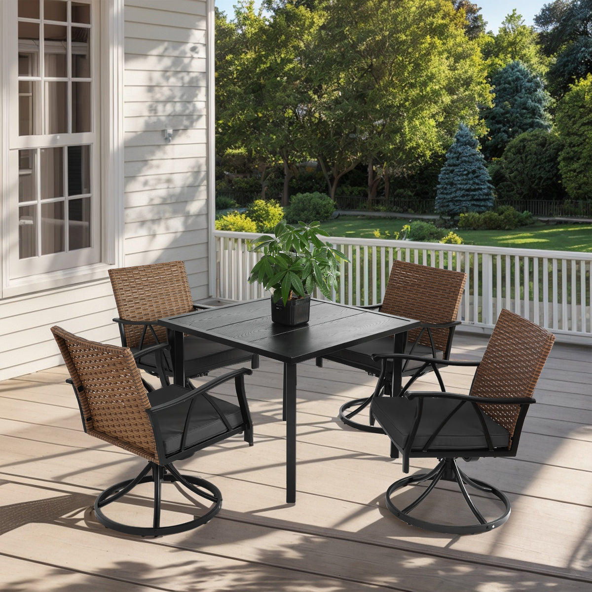 5 Piece Patio Dining Set for 4,Outdoor Wicker Furniture Set for Backyard Garden Deck Poolside with 4 Cushions Swivel Rocker Chairs,steel Table Top, Removable Cushions W640S00042-djyc