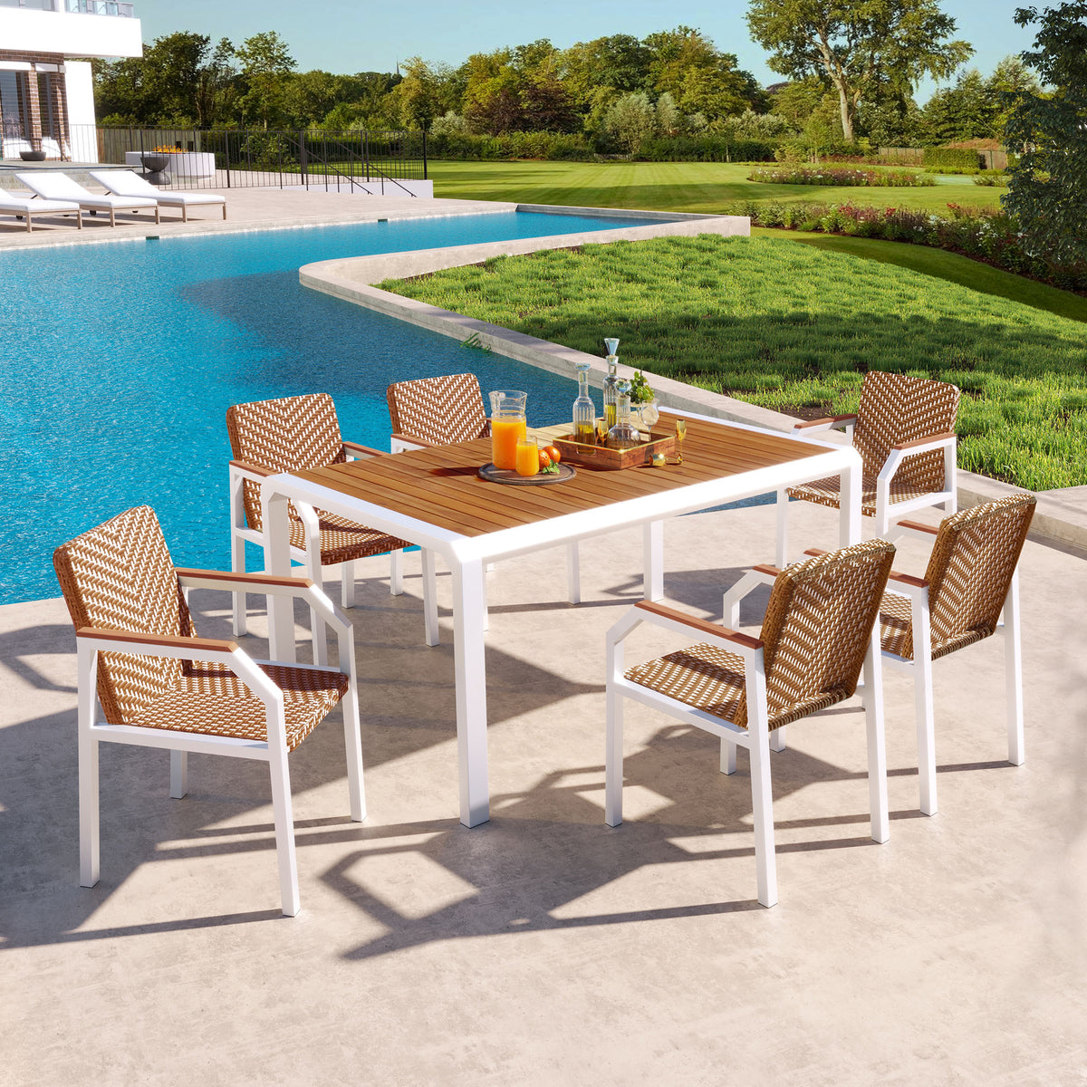 7 Piece Patio Dining Table Set, Outdoor Wicker Furniture Set of 6 Chairs, Two Tone Weave Rattan, Acacia Wood Tabletop, Outdoor Dining Set for Backyard and Garden, Brown N704G201242A-djyc