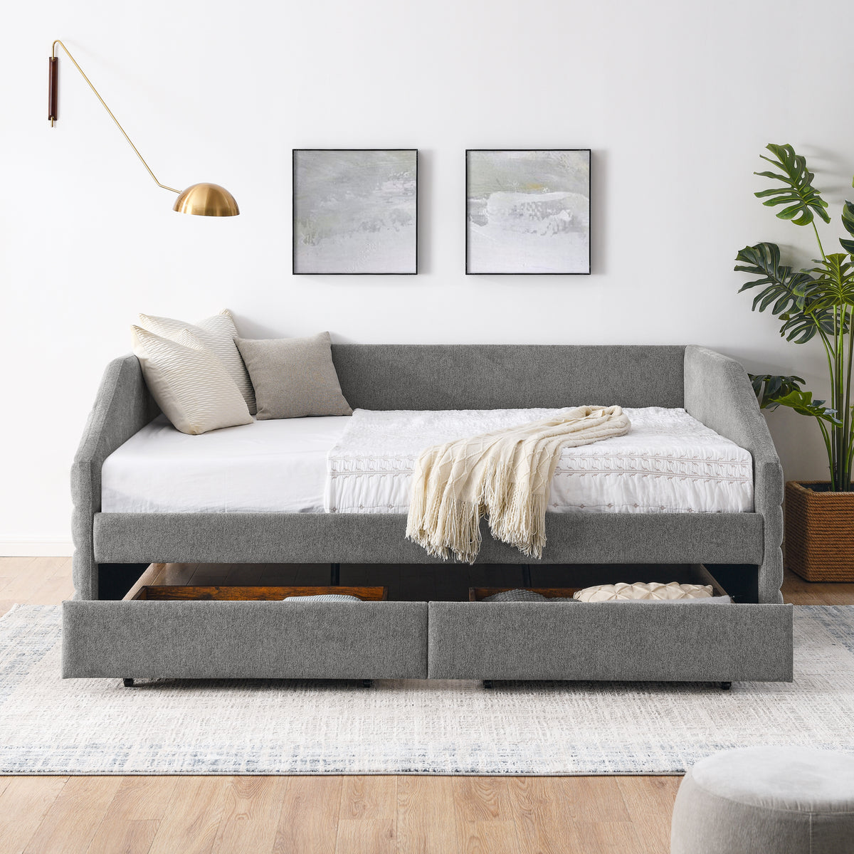 Queen Size Daybed with Two Drawers Trundle Upholstered Tufted Sofa Bed, Linen Fabric, Grey (88"x64.5"x34") W487S00167-djyc