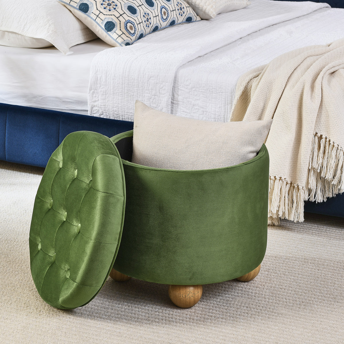 Round Storage Ottoman, multi-functional round flannel button Ottoman, lid can be turned over as a table top, with storage space-GREEN W487P243603-djyc