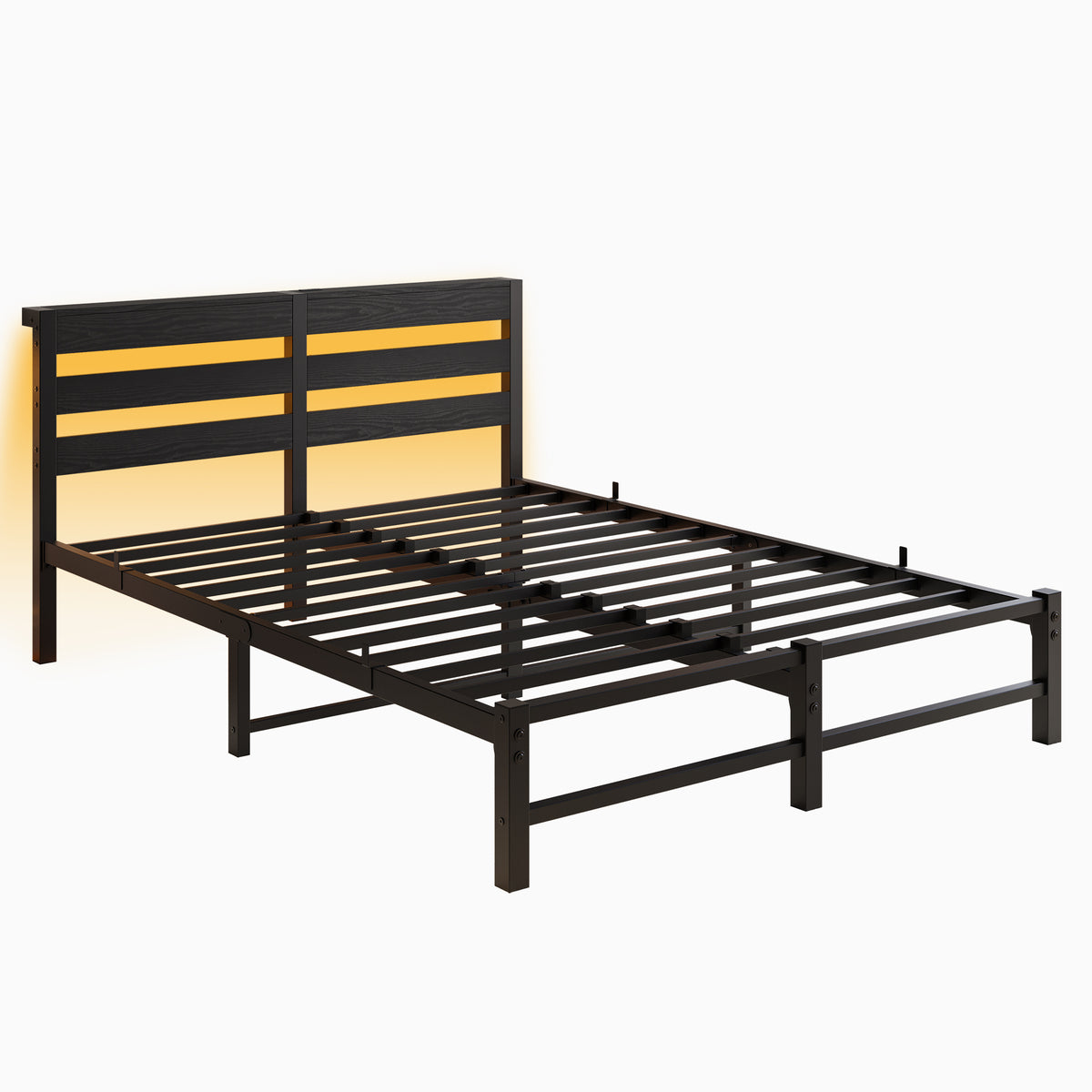 Queen SizeMetal Bed Frame with Wooden Headboard, RGB Lights, Charger, Storage Shelf, Noise-Free, No Box Spring Needed, Black W840P209907-djyc