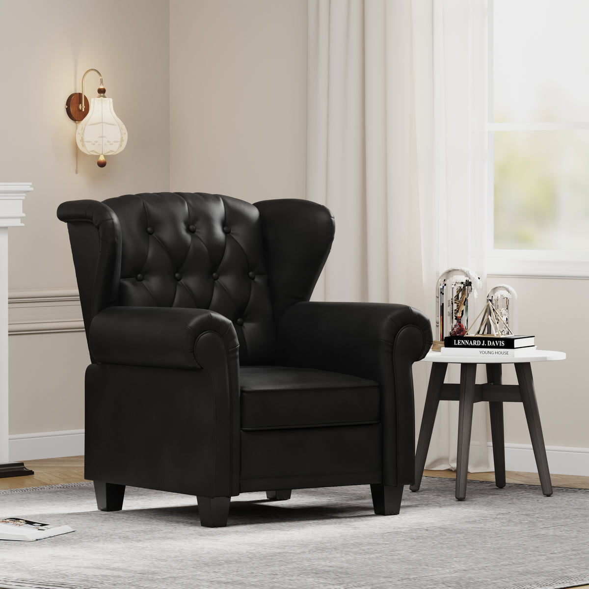Modern Tufted Push Back Armchair Technical Leather Chair, Adjustable Single Sofa Chair with Sturdy Wood Legs for Bedroom, Living Room, Small Space(Color:Black) W1669P199585-djyc