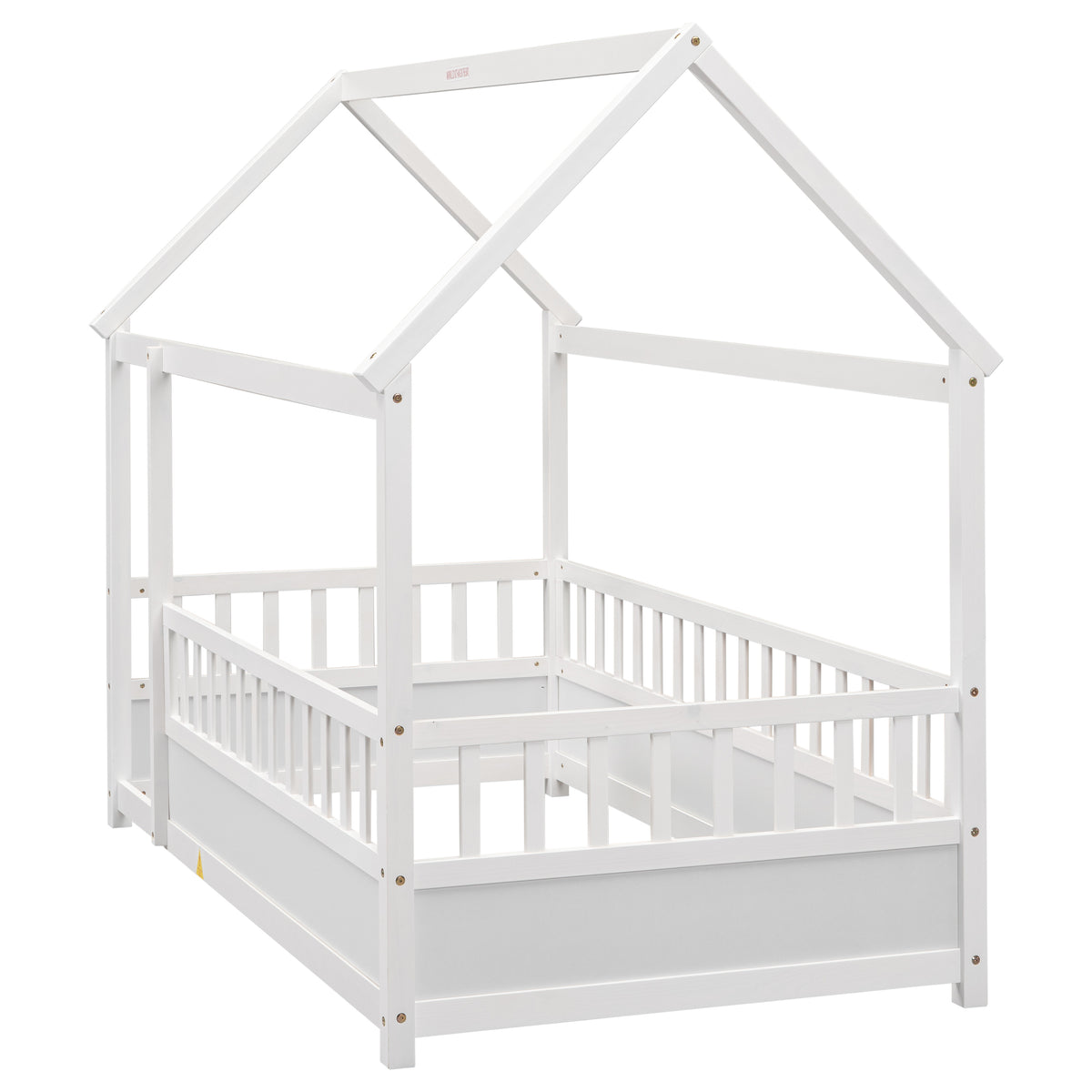 Twin Size Floor Wooden Bed with House Roof Frame, Fence Guardrails,White W1858123984-djyc