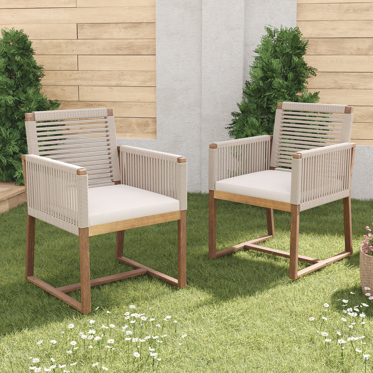 Outdoor Dining Chairs Set of 2, Acacia Wood Patio Armchair with Rope Design Back and Arms and Washable Cushion,for Backyard, Poolside, Garden,Light brown N762P238694D-djyc