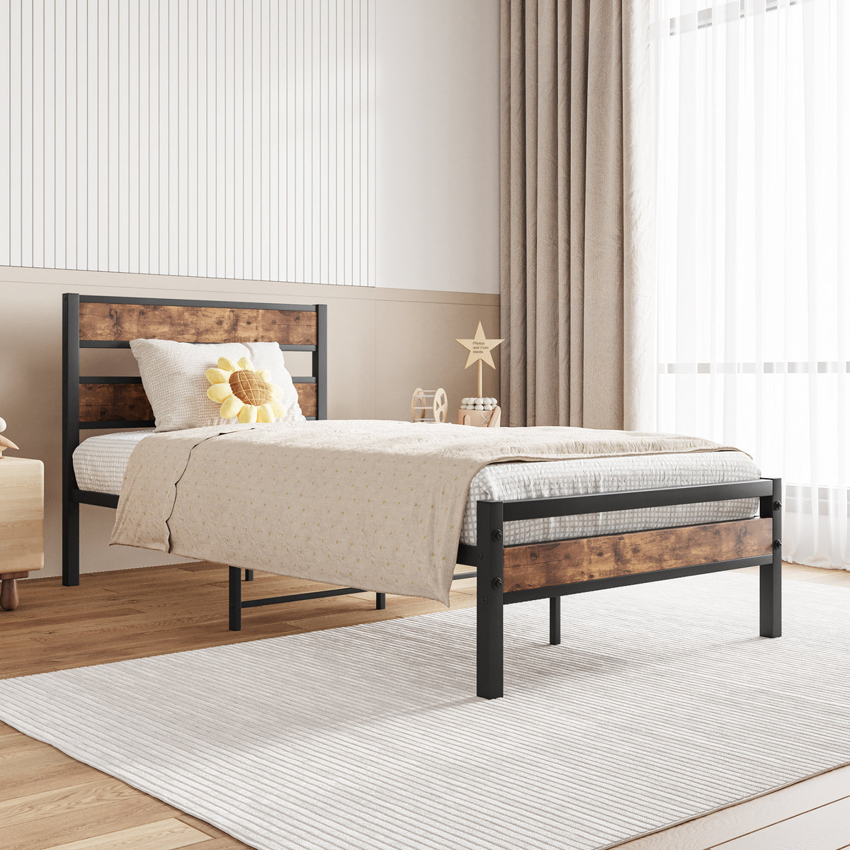 Twin Size Platform Bed Frame with Rustic Vintage Wood Headboard, Strong Metal Slats Support, No Box Spring Needed W840P144081-djyc