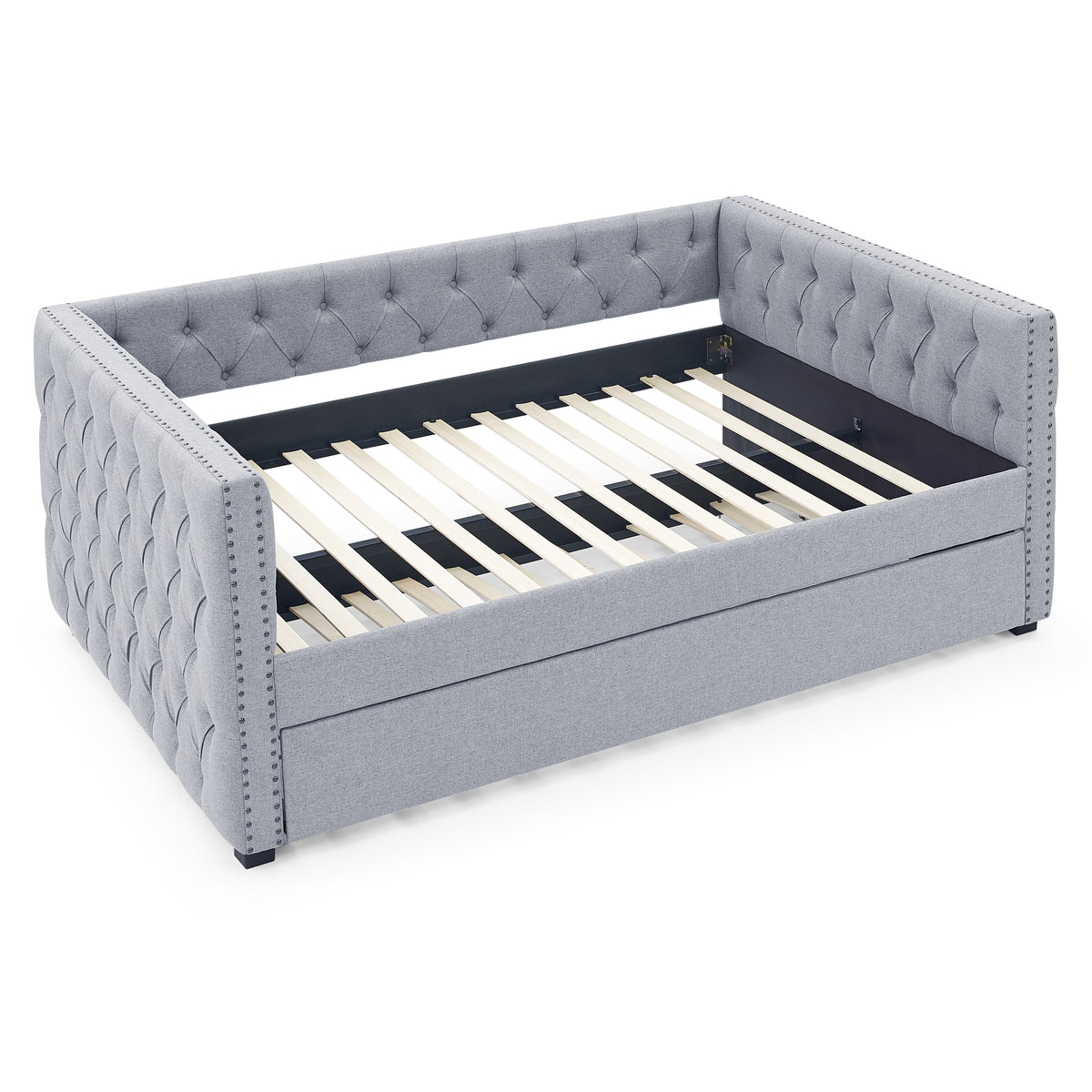 Daybed with Trundle Upholstered Tufted Sofa Bed, with Button and Copper Nail on Square Arms,Full Daybed & Twin Trundle, Grey(85"x57"x31.5") W487S00101-djyc