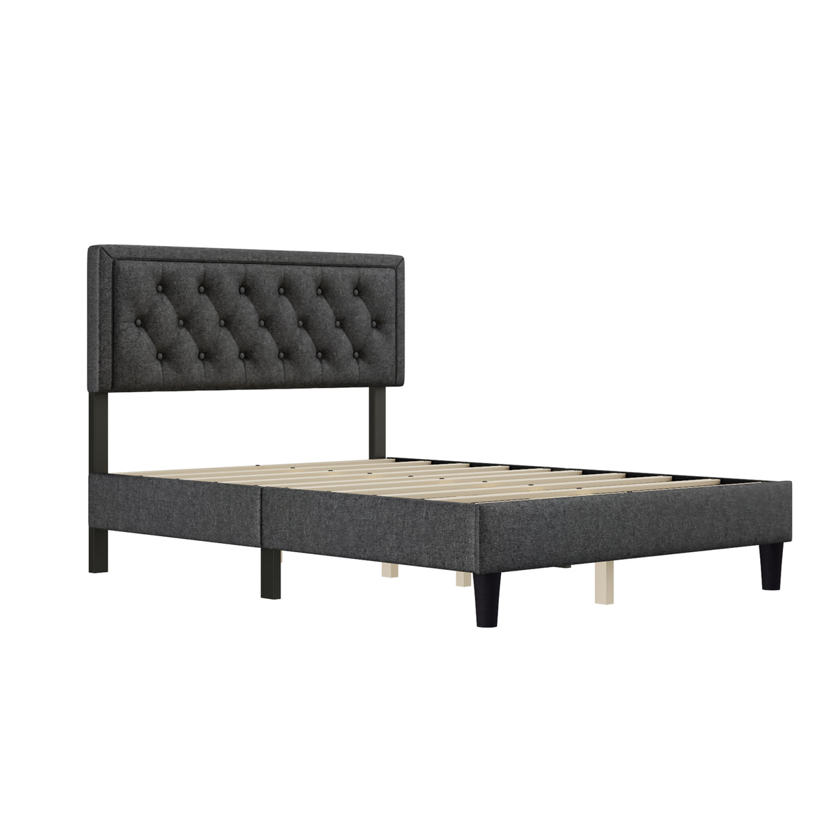 Full size Panel Bed Frame with Adjustable Button-Tufted Headboard for Bedroom/Linen Upholstered/Wood Slat Support/Easy Assembly,Dark Grey W1793140494-djyc