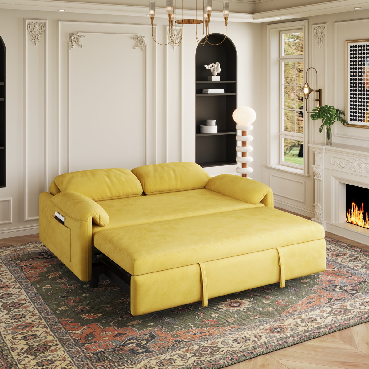Dual-Purpose Velvet Sofa Bed: Elegant Yellow Sofa Transforms into a Retractable Bed for Your Living Room W1278P152680-djyc