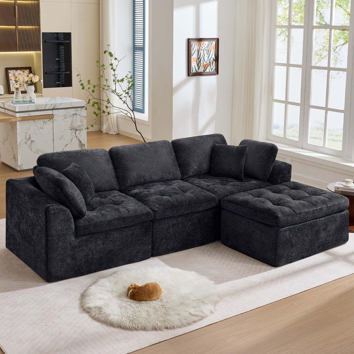 110' Cloud Sectional Couch for Living Room, Upholstered L-Shape Modular Sofa with Movable Ottoman, 3-Seater Deep-Seat Foam Couch, Comfortable Convertible Sectional for Home & Apartment-W1521S00086