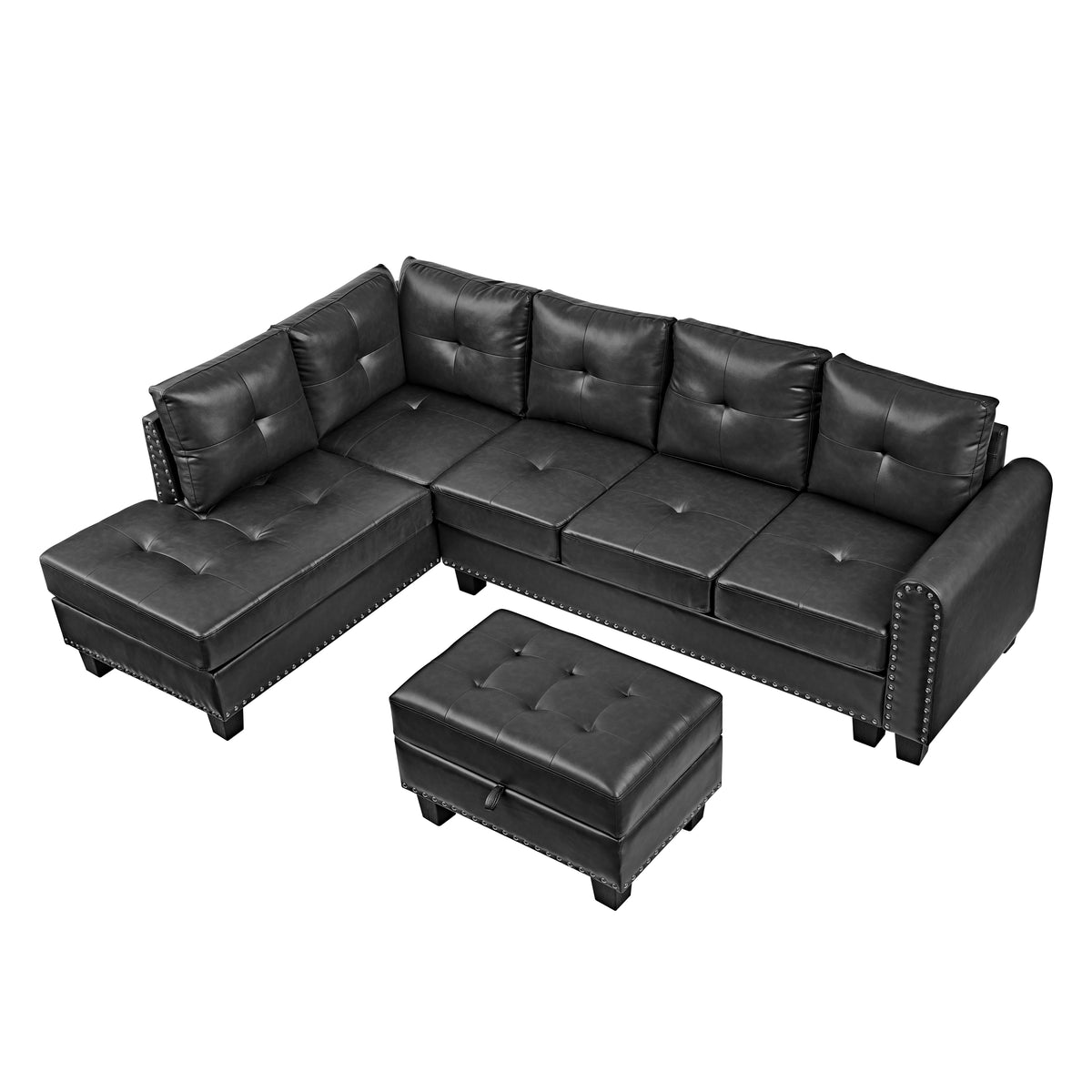 Sectional 3-Seaters Sofa , reversible recliner, Storage pad and wood grain cup holder, Non-slip leg, pu, black W487S00241-djyc