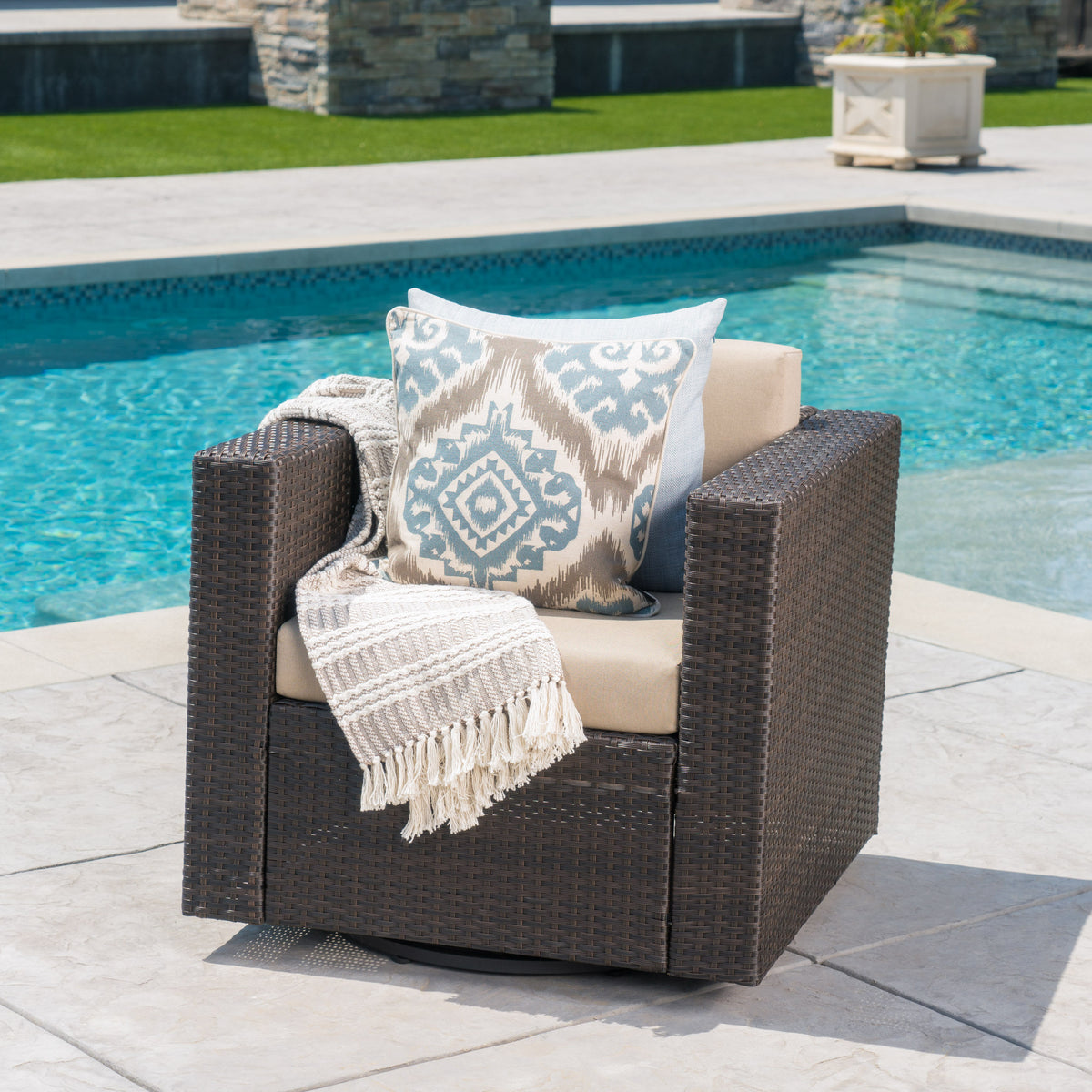 Outdoor Swivel Patio Chair with Cushions (Single, Dark Brown / Beige) N757P252761B-djyc