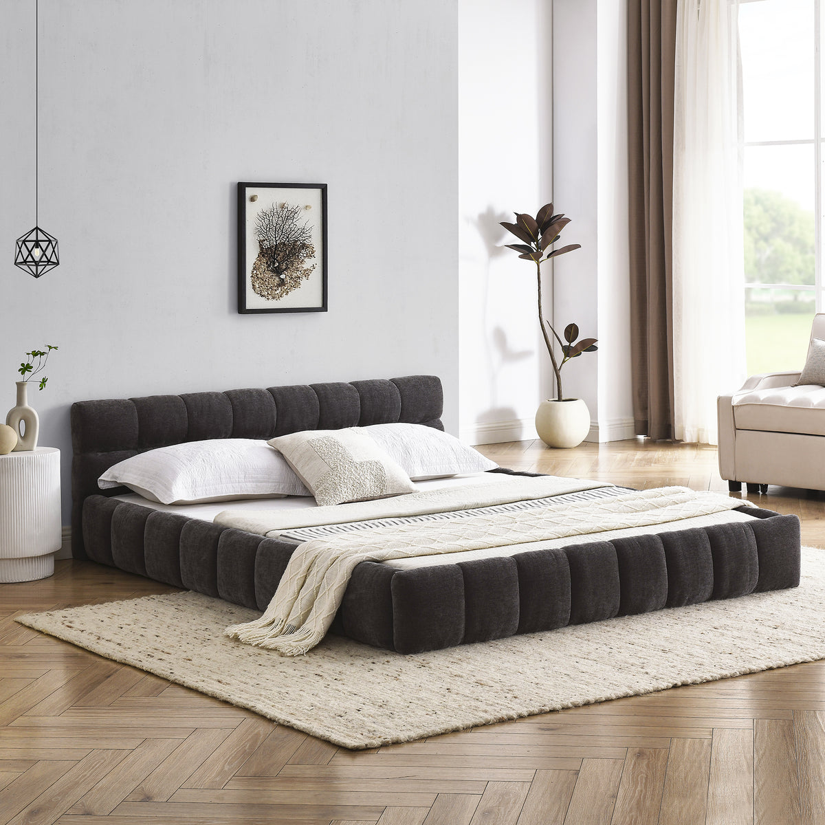 Queen Size Upholstered Bed Frame with Thick Fabric, Chenille Fabric Grounded Queen Size Platform Bed with Headboard and Solid Frame. No Box Spring Needed, Dark Grey(68''*86.5''*23.5'') W487S00221-djyc