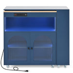 K&K Rolling Kitchen Island With Extended Table, Kitchen Island on Wheels with LED Lights,Power Outlets and 2 Fluted Glass Doors, Kitchen Island with a Storage Compartment and Side 3 Open Shelves, Navy WF316018AAN-djyc